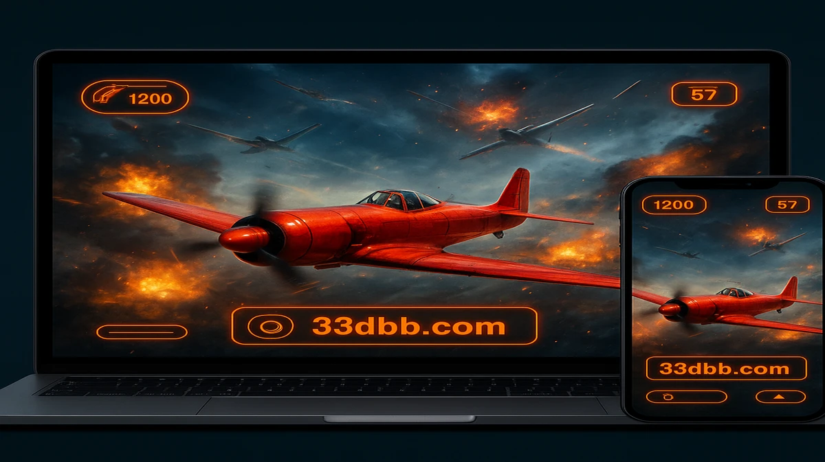 33db-এ এভিয়েটর গেমের প্রচারমূলক ছবিটি, যেখানে একটি লাল প্রপেলার বিমান বিস্ফোরিত ভূদৃশ্যের ওপর উড়ছে, ডান পাশে মোবাইল গেম ইন্টারফেসটি দেখা যাচ্ছে।