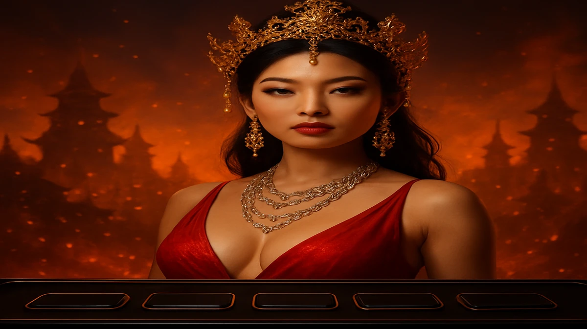 একজন অতি সুন্দর এশীয় নারী ঐতিহ্যবাহী পোশাক ও জটিল অলংকার পরে শান্ত মন্দিরের সামনে দাঁড়িয়ে, সামনে 33db-সংক্রান্ত একটি বিনোদনমূলক ডিজাইন দৃশ্যমান।