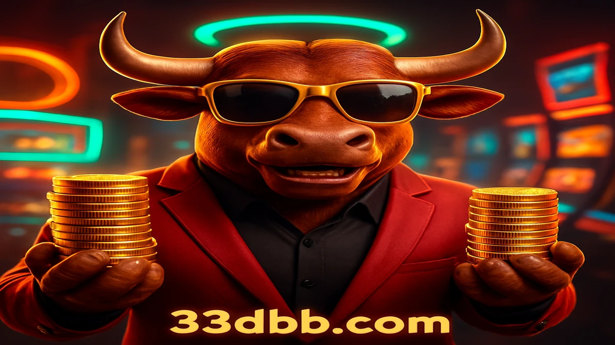 33db-র Fortune Ox-র শক্তিশালী মাসকট, সানগ্লাস পরা একটি কুল বুল, উজ্জ্বল গেমিং প্ল্যাটফর্ম সেটিং-এ সোনার কয়েনের স্তূপ ধরে আছে।