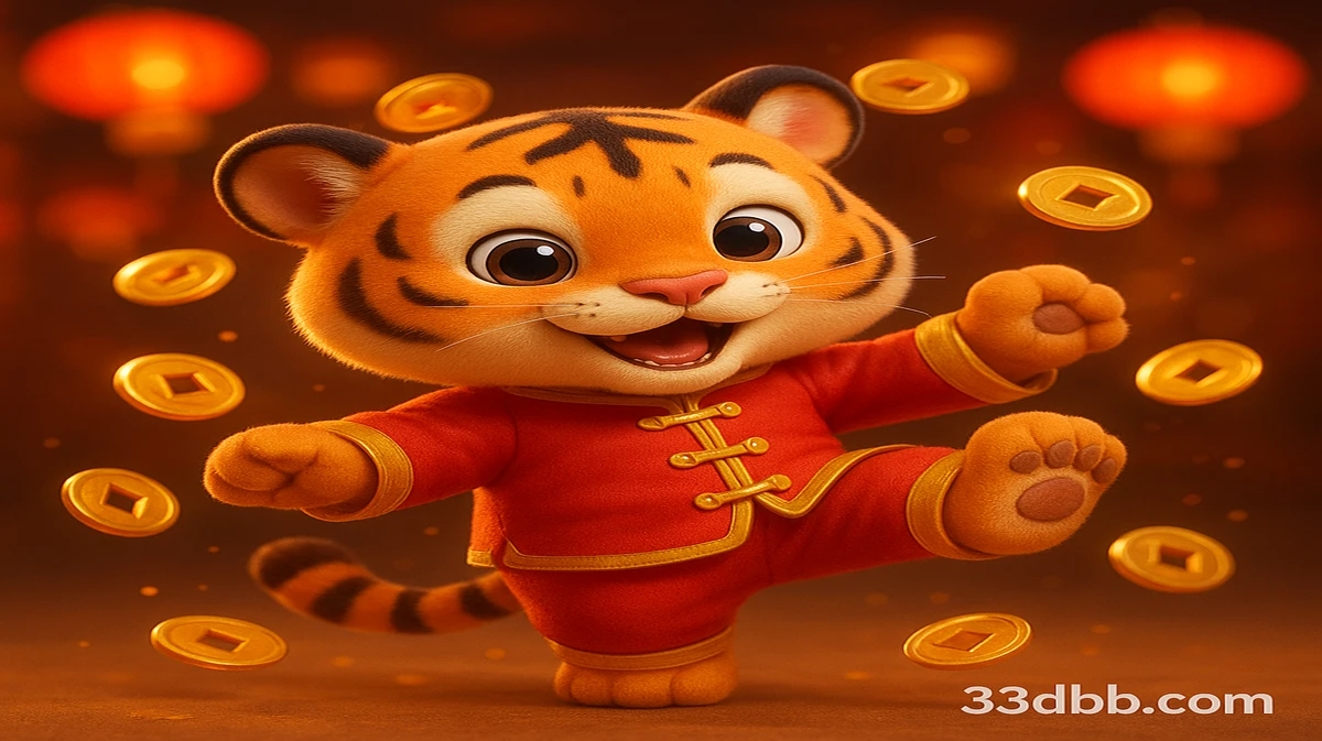 33db-এ Fortune Tiger-র মিষ্টি কার্টুন মাসকটটি সোনার কয়েনের বর্ষণ ও খুশির লাল লণ্ঠনের আলোয় একটি মার্শাল-আর্টস পোজ ধরছে।